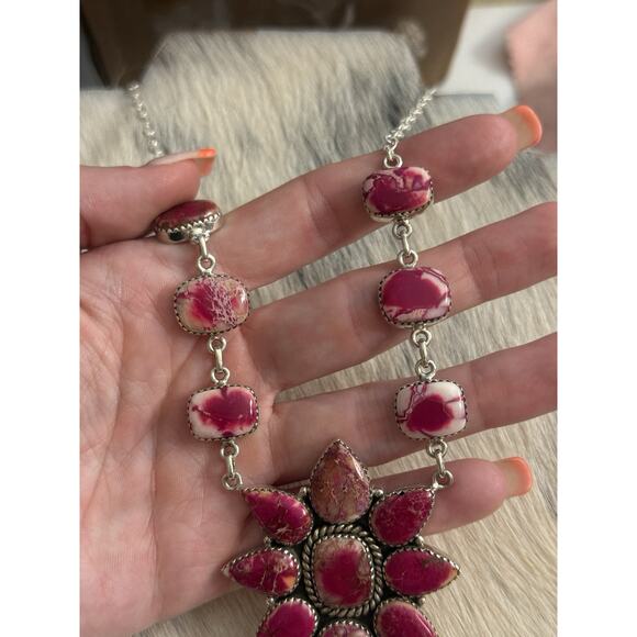Native American SW Sterling Silver Pink Red Jasper Huge Cluster Necklace Lariat - Picture 16 of 16